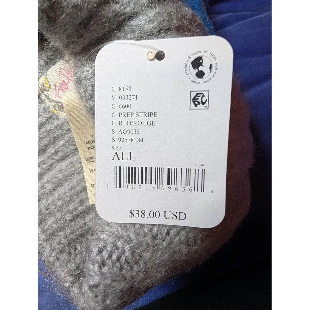Free People Beanie Hat Womens OS Grey Blue Prep Stripe Fuzzy Knit NWT